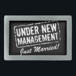 Just Married belt buckles | Under new management<br><div class="desc">Just Married belt buckles | Under new management stamp. Funny wedding and honeymoon gift idea for newly weds. Personalizable for bride and groom. Husband and wife humour.</div>