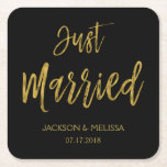 Just Married Black and Gold Foil Coasters<br><div class="desc">Just Married Black and Faux Gold Foil Coasters which are perfect for a Black and Gold Wedding Reception.The custom napkins allow the ability to update the bride and grooms name and wedding date.</div>