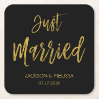 Just Married Black and Gold Foil Coasters