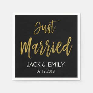 Just Married Black and Gold Foil Napkins