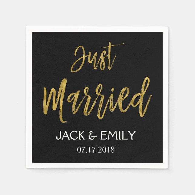 Just Married Black and Gold Foil Napkins (Front)