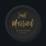 Just Married Black and Gold Foil Paper Plates<br><div class="desc">Just Married Black and Faux Gold Foil Paper Plates which are perfect for a Black and Gold Wedding Reception.The custom napkins allow the ability to update the bride and grooms name and wedding date.</div>