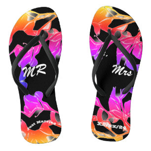 Just Married Black Colourful  Flip Flops