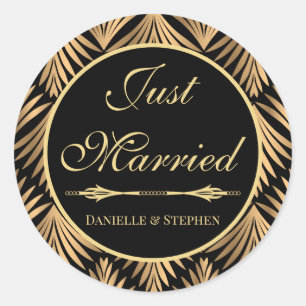 Just Married Black Gold Art Deco Wedding Classic Round Sticker
