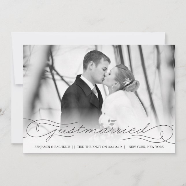 Just Married Black Wedding Announcement Photo Card (Front)