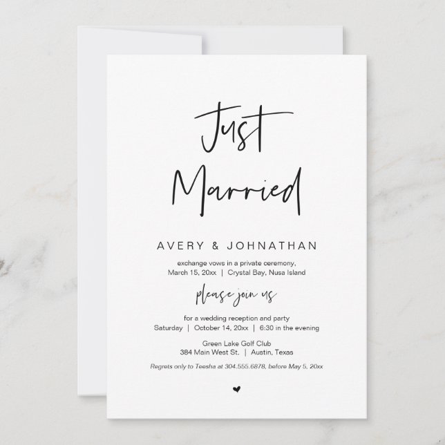 Just Married, Black, Wedding Elopement Party Invitation (Front)