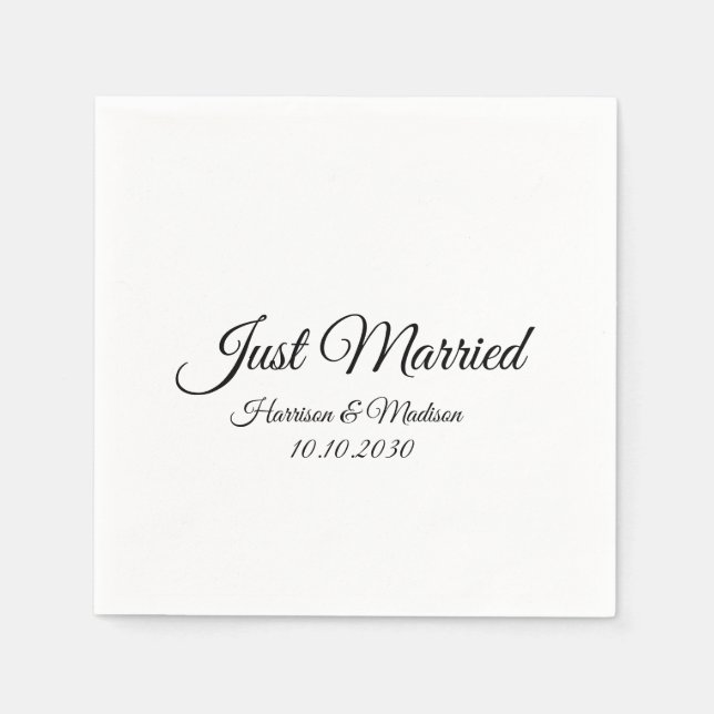 Just Married black white custom script elegant Napkin (Front)