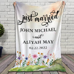 Just Married Blanket with Watercolor Wild Flowers<br><div class="desc">Treat yourself or someone that is getting married,  or just got married with this beautiful soft and warm blanket. Design has watercolor blush hills with wildflowers and just married quote. Add bride and groom names and their wedding date to personalised.</div>