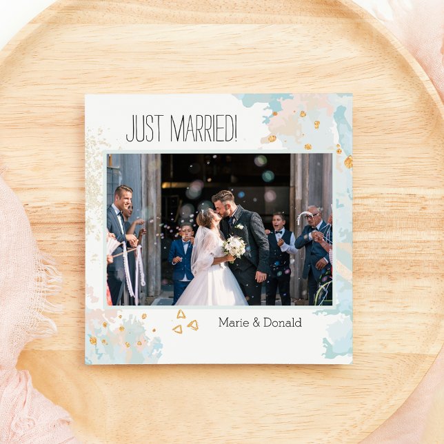 Just Married Blue Coral Abstract Marble Gold Holiday Card (Creator Uploaded)