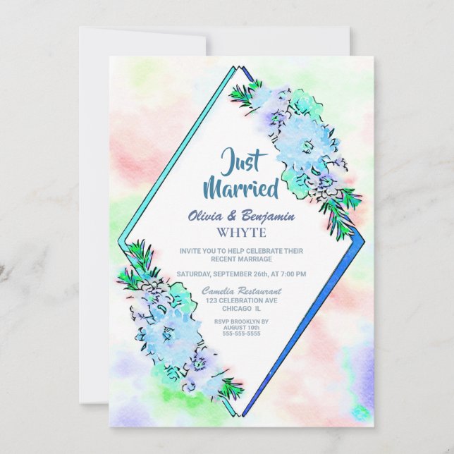 Just Married Blue Floral Wedding Reception Invitation (Front)