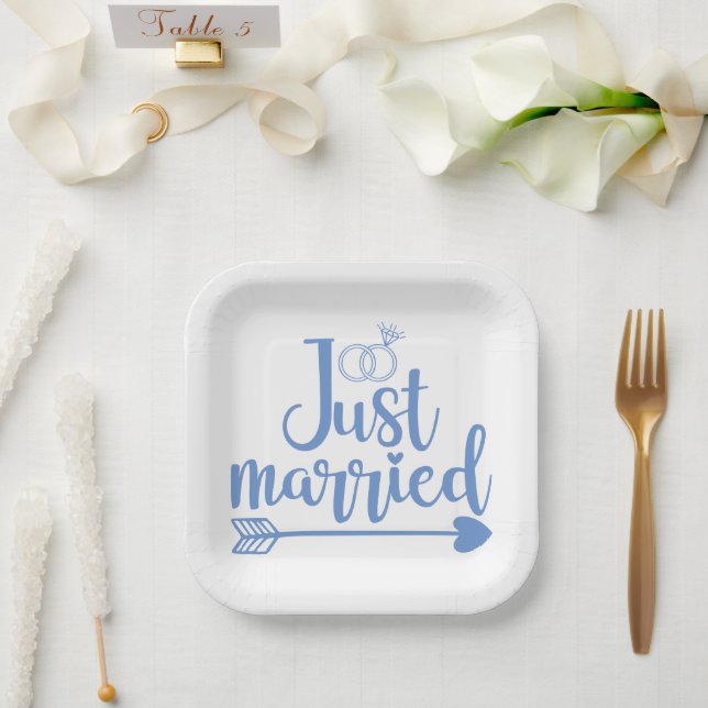 Just Married Blue Paper Plate (Wedding)