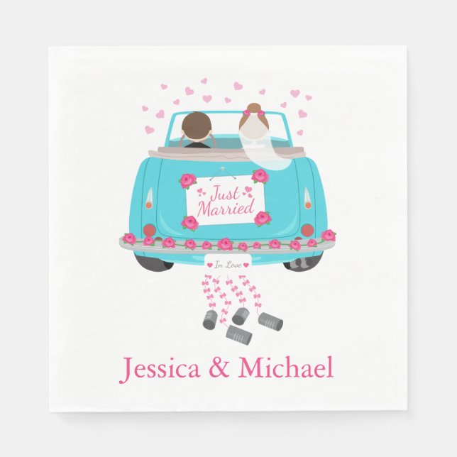 Just Married Blue Turquoise & Pink Wedding Car Napkin (Front)