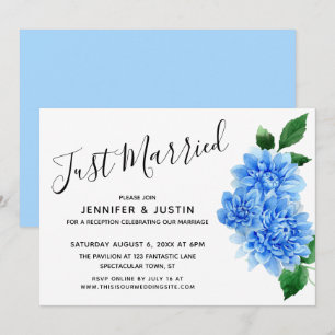 Just Married Blue Watercolor Dahlia Flowers Modern Invitation