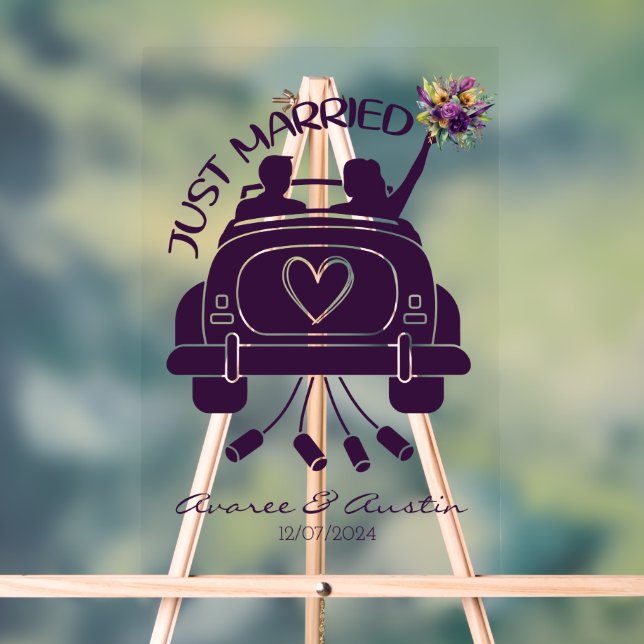 Just Married Bridal Bouquet Vintage Car Acrylic Sign (Neutral)