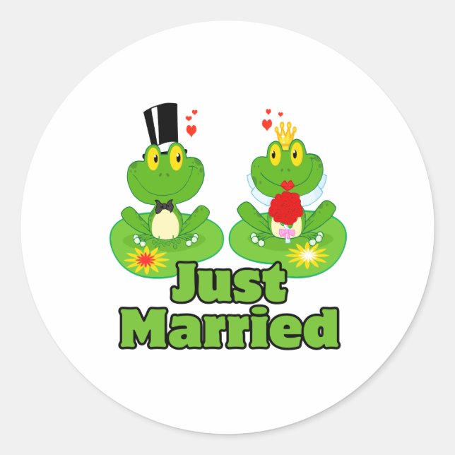 just married bride and groom froggy frogs classic round sticker (Front)