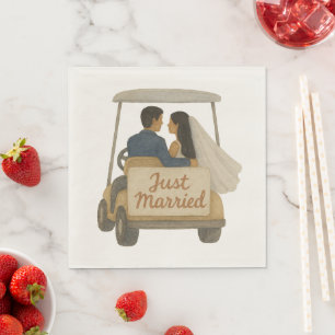 'Just Married' Bride and Groom in a Golf Cart  Napkin