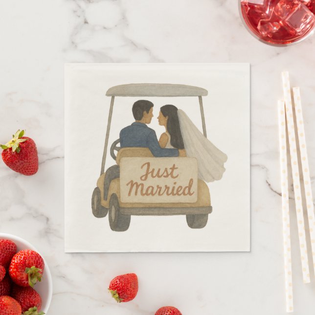 'Just Married' Bride and Groom in a Golf Cart  Napkin (Insitu)