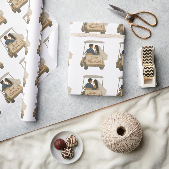 'Just Married' Bride and Groom in a Golf Cart  Wrapping Paper (Crafts)