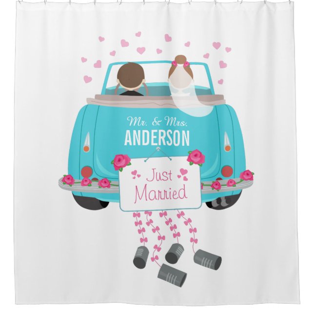 Just Married Bride and Groom Wedding Car Shower Curtain (Front)