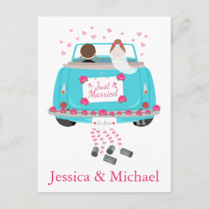 Just Married Bride Groom Blue Pink Wedding Announcement Postcard