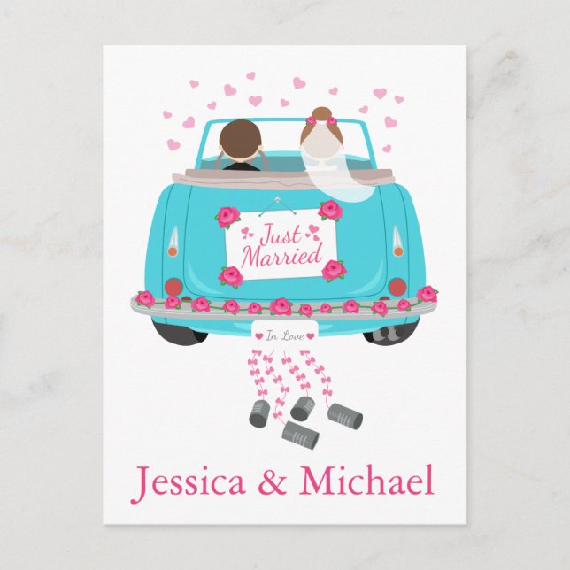 Just Married  Bride Groom Blue Pink Wedding Announcement Postcard (Front)