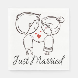 Just Married Bride Groom Cartoon Black Wedding Napkin