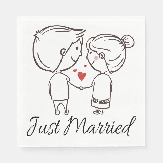 Just Married Bride Groom Cartoon Black Wedding Napkin (Front)