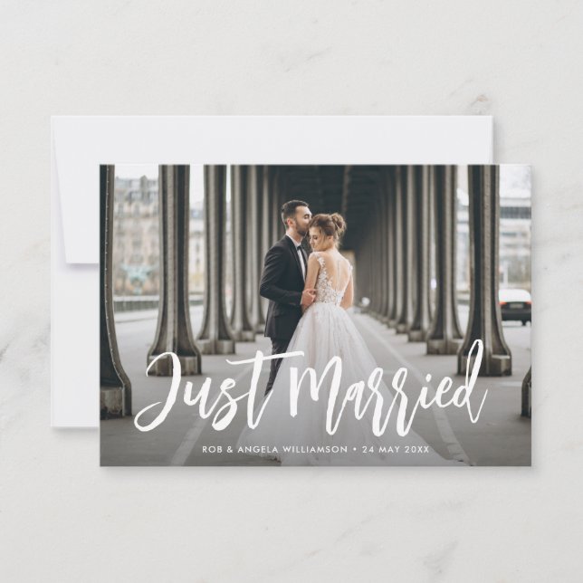 Just married brush script wedding announcement (Front)