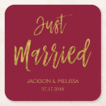 Just Married Burgundy and Gold Foil Coasters<br><div class="desc">Just Married Burgundy and Faux Gold Foil Coasters which are perfect for a Burgundy Maroon and Gold Wedding Reception.The custom napkins allow the ability to update the bride and grooms name and wedding date.</div>
