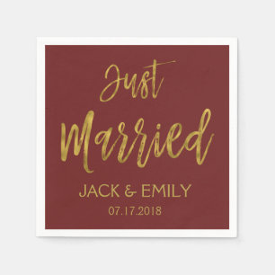 Just Married Burgundy and Gold Foil Napkins