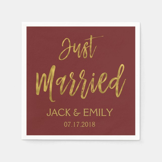 Just Married Burgundy and Gold Foil Napkins (Front)