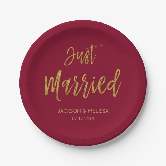 Just Married Burgundy and Gold Foil Paper Plates (Front)