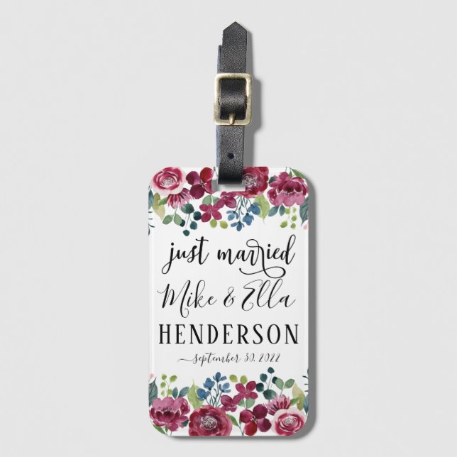 Just Married Burgundy Radiant Bloom Luggage Tag (Front Vertical)