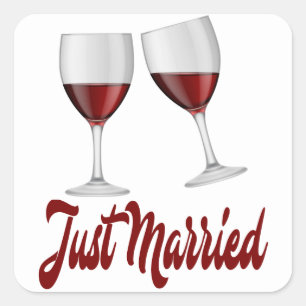 Just Married Burgundy Red Wine Glasses Square Sticker