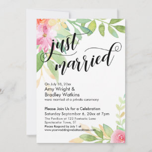 Just Married Calligraphy Boho Watercolor Flowers Invitation