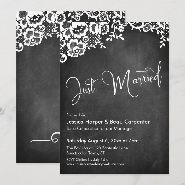 Just Married Calligraphy Chalkboard & Lace Invitation (Front/Back)