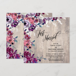 Just Married Calligraphy Floral Pale Wood, Lights Invitation