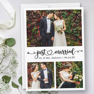 Just Married Calligraphy Heart 3 Photo Wedding Announcement