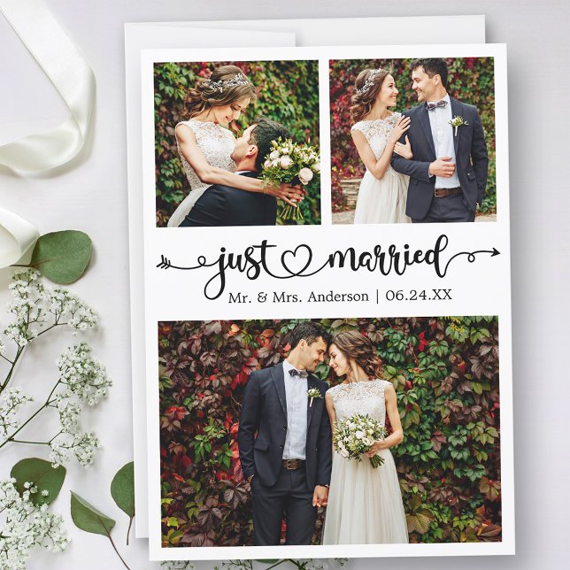 Just Married Calligraphy Heart 3 Photos Wedding Announcement (Customize to change your personalized text size, text style or to add text to back of card.)