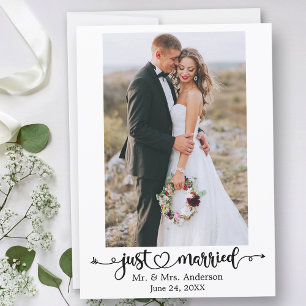 Just Married Calligraphy Heart Photo Wedding Announcement
