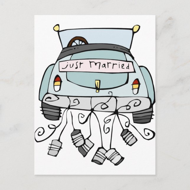 Just married car dragging cans announcement postcard (Front)