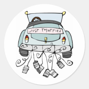 Just married car dragging cans classic round sticker
