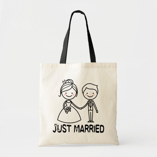 Just Married Cartoon Bride & Groom Black Wedding Tote Bag (Front)