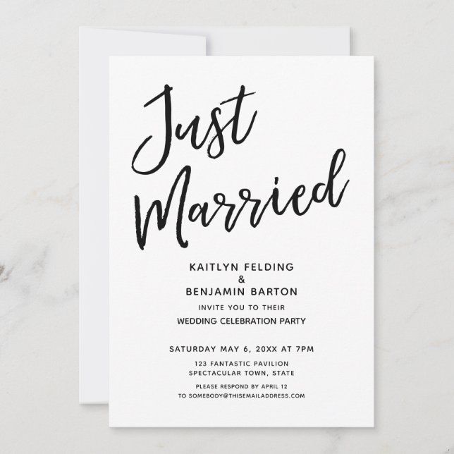 "Just Married" Casual, Modern Wedding Reception Invitation (Front)