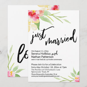 Just Married Casual Typography, Watercolor Flowers Invitation