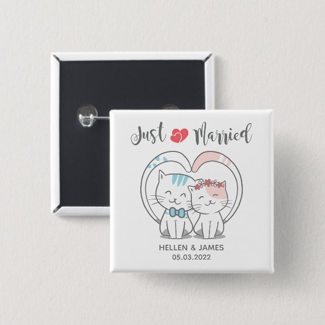 Just Married Cat Wedding 15 Cm Square Badge (Front & Back)