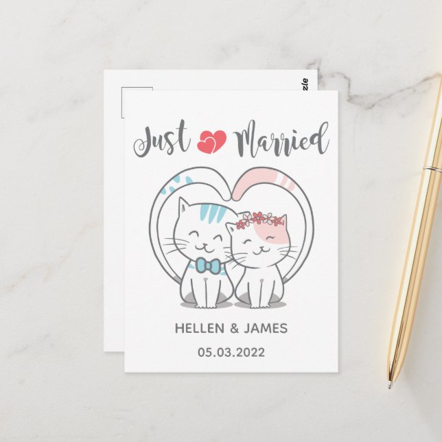Just Married Cat Wedding Announcement Postcard (Front/Back In Situ)