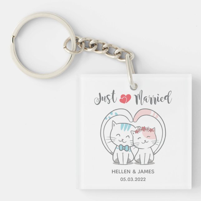 Just Married Cat Wedding  Key Ring (Front)