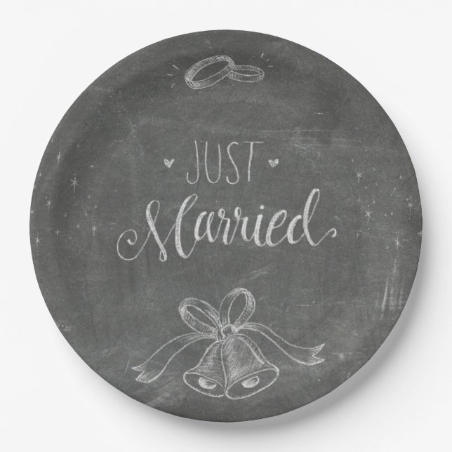 Just Married Chalkboard Wedding Rings and Bells Paper Plate (Front)