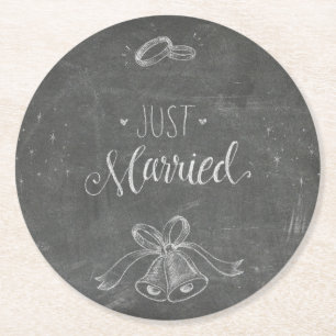 Just Married Chalkboard Wedding Rings and Bells Round Paper Coaster